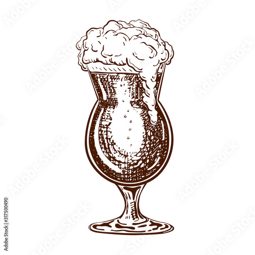 vector hand drawn tulip beer glass full of dark beer with liquid foam. Beautiful vintage beer mug or snifter with dropping froth isolated on white background. Alcoholic brown beverage in glassware.