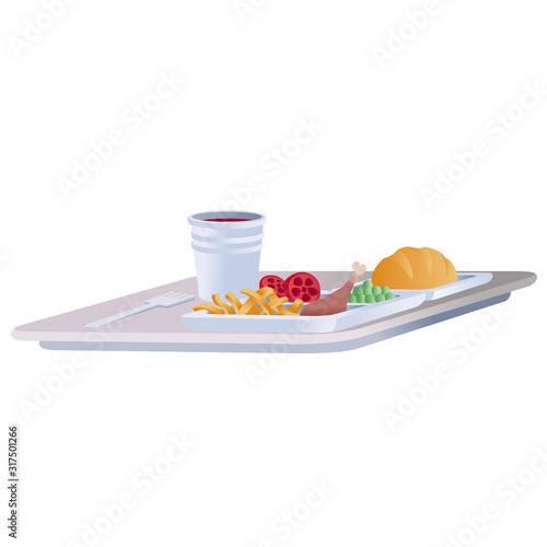 food is standing on a tray for an airplane, isolated object on a white background,