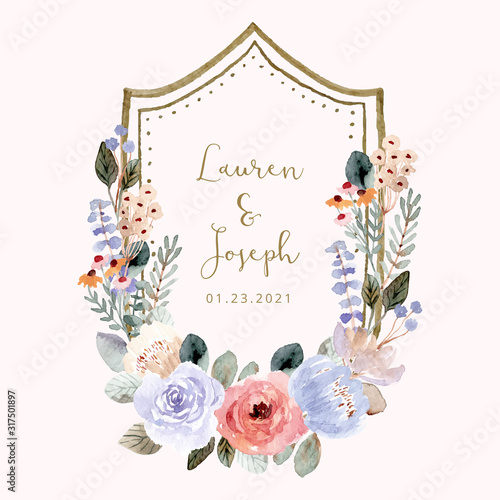 wedding badge with soft floral watercolor frame