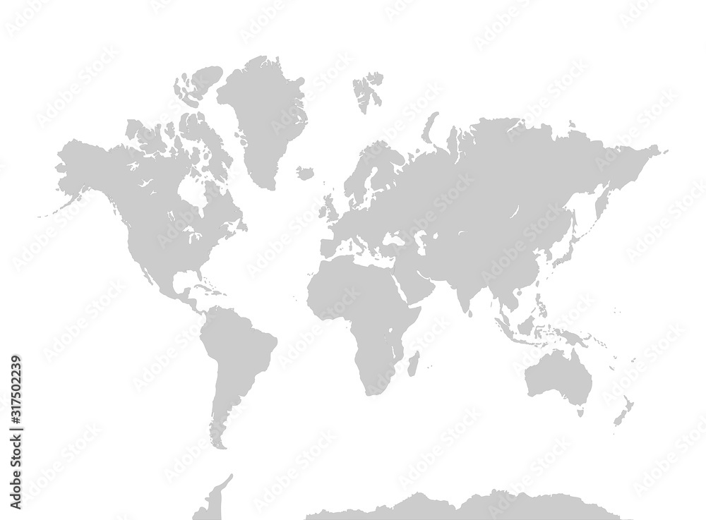 world map.  Gray continents on white background. Asia, Africa, North America, South America, Antarctica, Europe, and Australia.