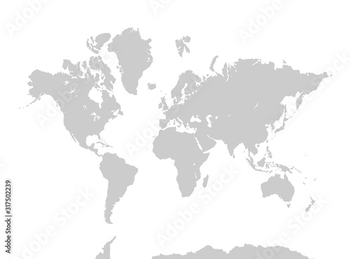 world map.  Gray continents on white background. Asia  Africa  North America  South America  Antarctica  Europe  and Australia.