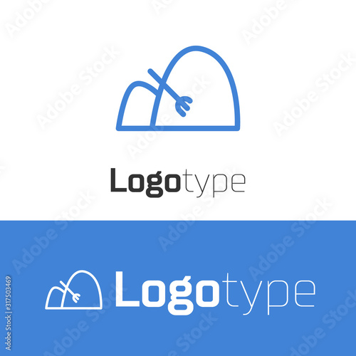 Blue line Bale of hay and rake icon isolated on white background. Logo design template element. Vector Illustration
