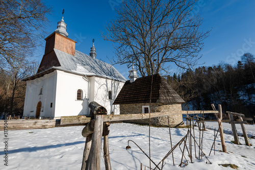 Exterior of Lopienka Orthodox Church.  Bieszczady Architecture in Winter. Carpathia Region in Poland
