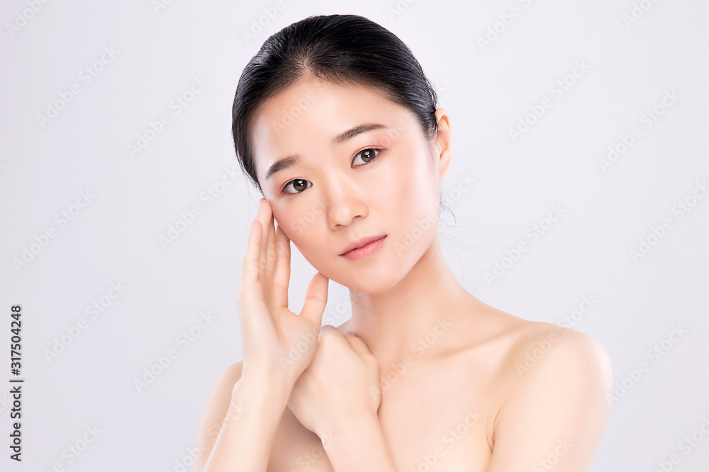 Portrait beautiful young asian woman clean fresh bare skin concept. Asian girl beauty face skincare and health wellness, Facial treatment, Perfect skin, Natural make up, on white background,two