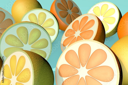 3d illustration of half cut orange lemon lime on blue background photo