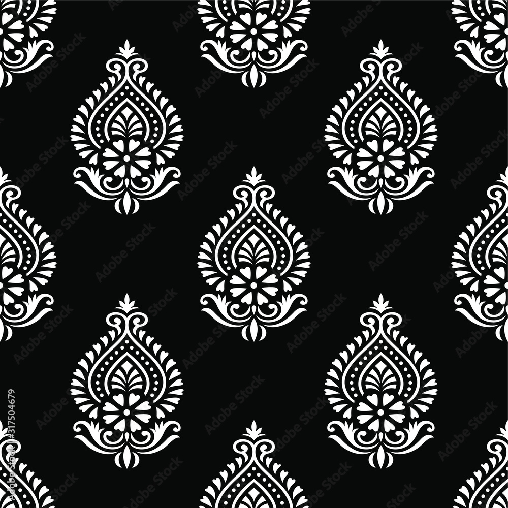 Seamless traditional Asian black and white damask pattern