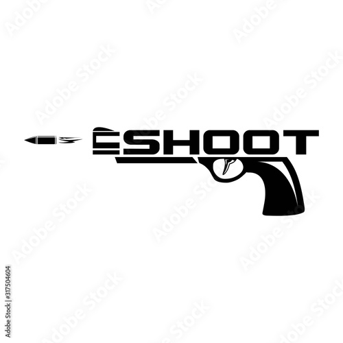 Gun And Shoot Letter. The black gun and the flying bullet with a flame combination with Shoot Letter on a white background