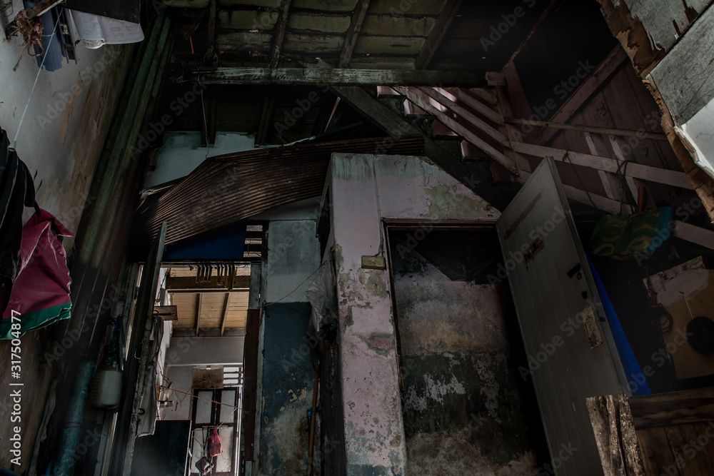 Abandoned house interior to deteriorate over time, Abandoned house, Destroyed house, Ruined house.