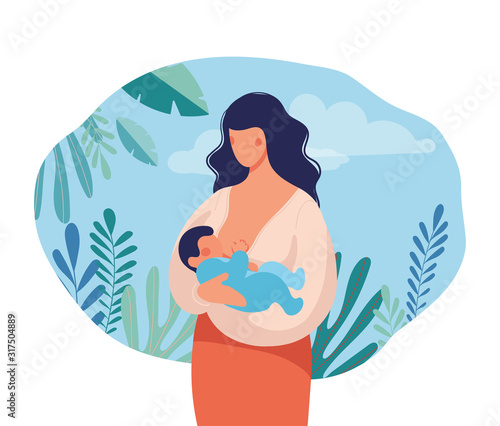 Woman breastfeeding a baby on a natural background. Mom holds the baby in her arms and feeds with breast milk. Flat vector illustration