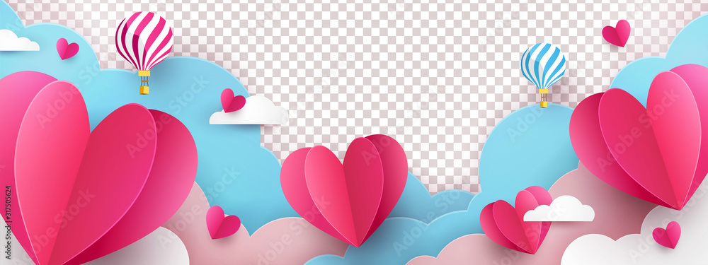 Naklejka Walentynki nowoczesna konstrukcja ramki dla strony internetowej, pozdrowienia lub sprzedaży banner, ulotka, plakat w stylu cięcia papieru z słodkie latające serca origami nad chmurami z balonów na białym tle.