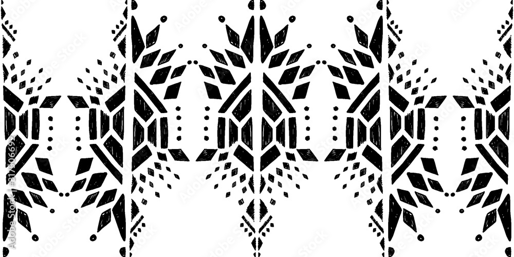 Fototapeta premium Ikat pattern etnic indian ornamental black and white illustration. Navajo motif texture ornate design for surface print background