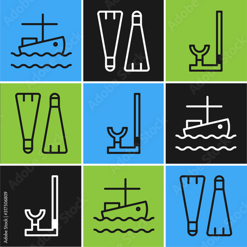 Set line Fishing boat on water, Snorkel and Rubber flippers for swimming icon. Vector