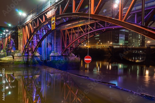 Light up bridge at night, Glasgow, Scotland.