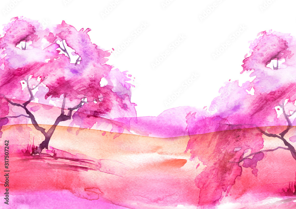 Watercolor vintage bush, a tree. pink, red silhouette of trees.  illustration. Watercolor cherry blossom. Hand draw cherry blossom sakura  branch and flowers. landscape, forest. card, invitation Stock Illustration  | Adobe Stock
