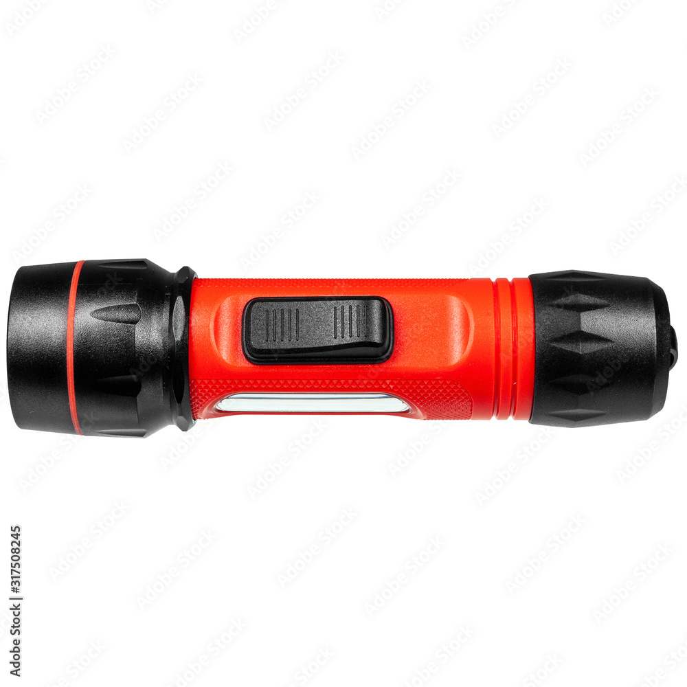 Red and black pocket electric torch isolated on a white background Red and black pocket electric torch isolated on a white background