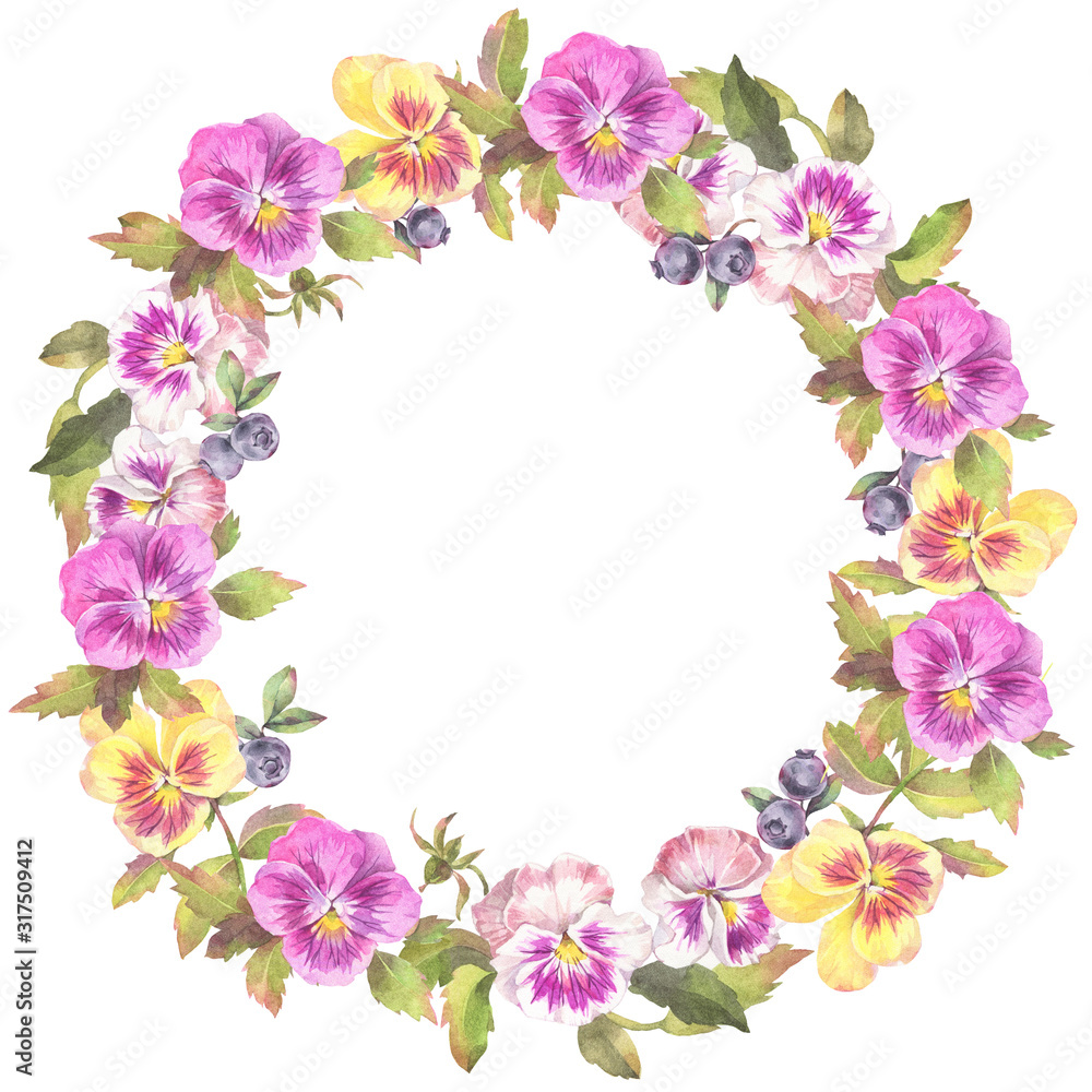 Floral round wreath of pansy flowers and blueberry. Hand drawn watercolor illustration.