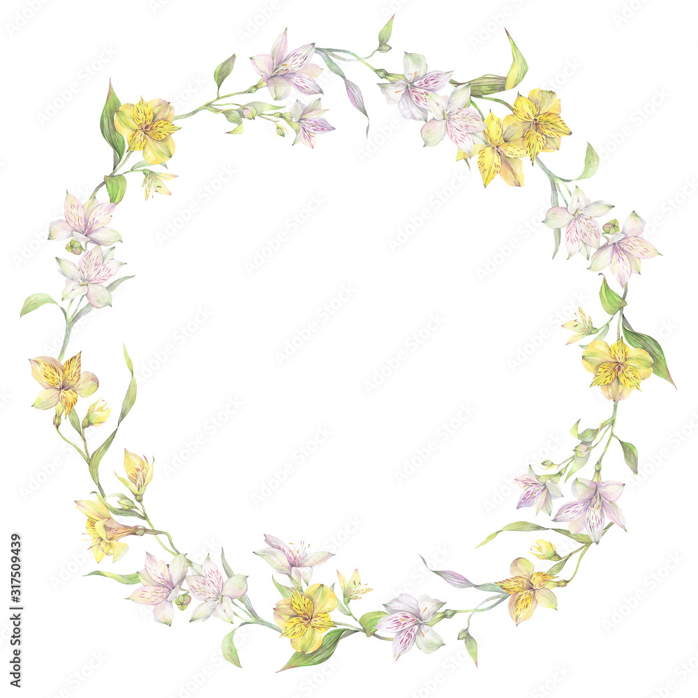 Floral round wreath of yellow and white alstroemeria flowers. Hand drawn watercolor illustration.