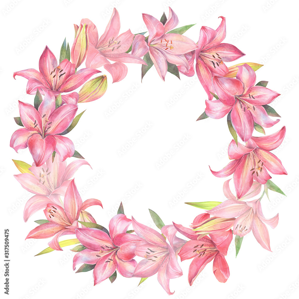 Floral round wreath of red and pink lily flowers. Hand drawn watercolor illustration.