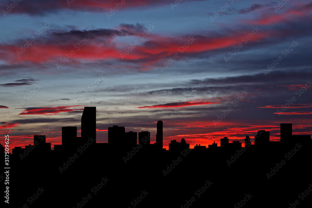 Miami skyline at sunset with beautiful sky illustratio