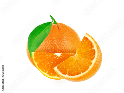 Fototapeta Naklejka Na Ścianę i Meble -  Whole and slice of sweet juicy orange fruit with green leaf isolated on white background