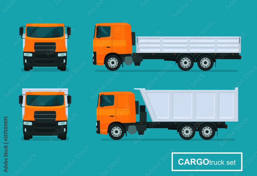 Fototapeta premium Cargo trucks set. Side view and front view. Vector flat style illustration.