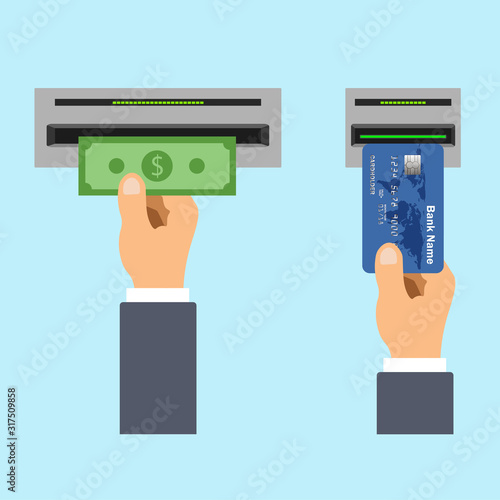 Flat design of ATM terminal usage concept. Hand pushing credit or debit card into the atm machine slot and getting money. Card reader icon. Vector illustration. Isolated