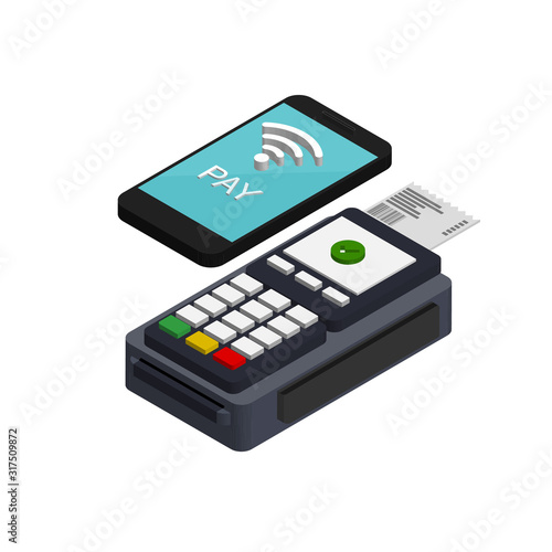 Isometric nfc mobile payment. Vector pos terminal confirms the payment by smartphone. Nfc payments concept. Pay pass. 