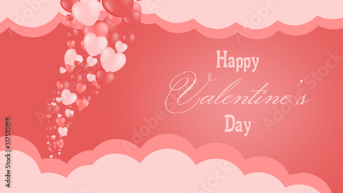 Valentine's Day balloon hearts flying between clouds, contains text.