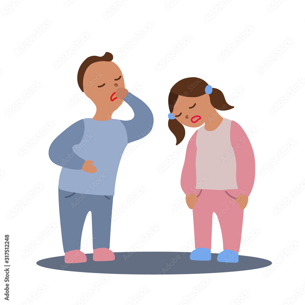 Vector flat illustration with couple of boy and girl with flu or cold symptoms. A boy has a cough and a girl has a weakness. A couple of kids having a cold together