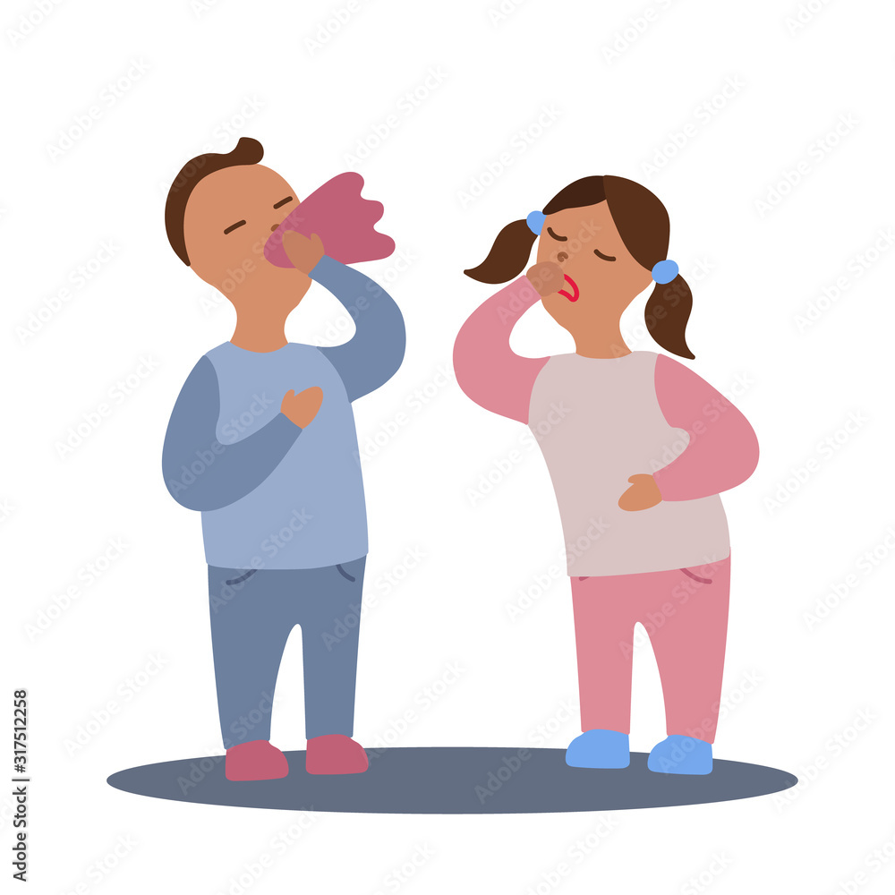 Vector flat illustration with couple of boy and girl with flu or cold symptoms. A boy has a runny nose and a girl has a cough. A couple of kids having a cold together Vector flat illustration with couple of boy and girl with flu or cold symptoms. A boy has a runny nose and a girl has a cough. A couple of kids having a cold together