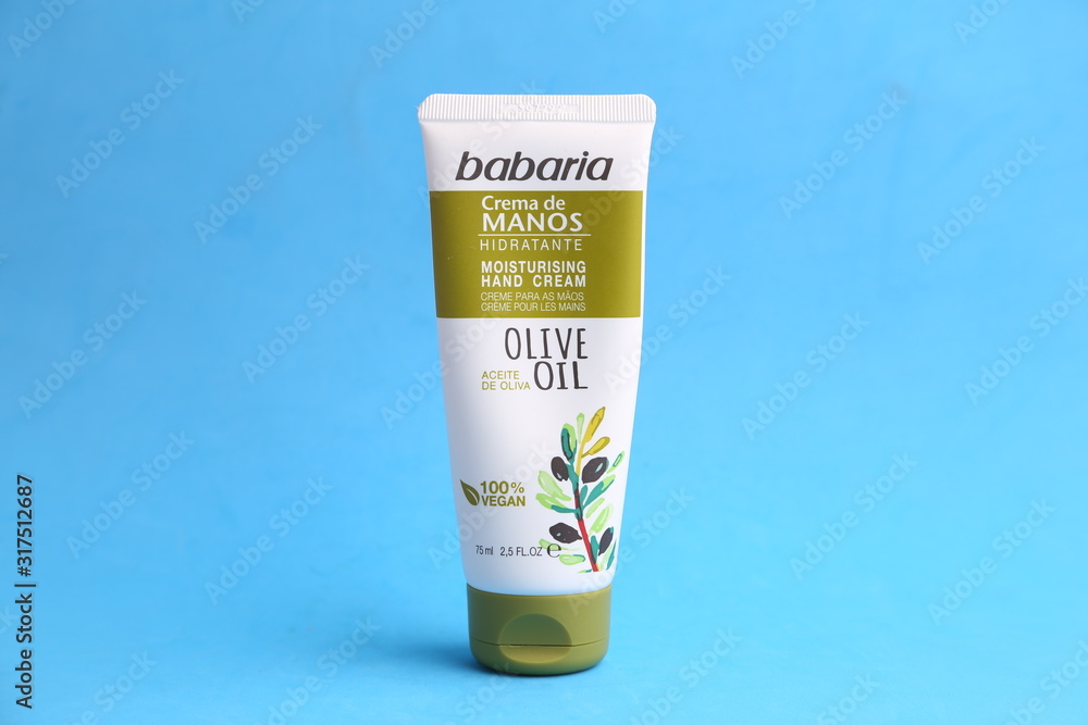 Zaragoza January 23, 2020, Babaria olive oil hand cream bottle Stock Photo  | Adobe Stock