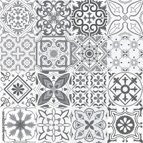 Set of tiles background in portuguese style in grey. Mosaic pattern for ceramic in dutch, portuguese, spanish, italian style.