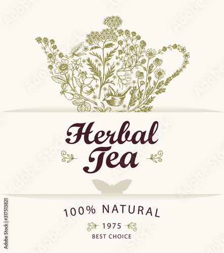 Vector banner or label for a herbal tea with doodle elements and calligraphic inscription on a light background. Illustration with a teapot or kettle consisting of various hand-drawn herbs