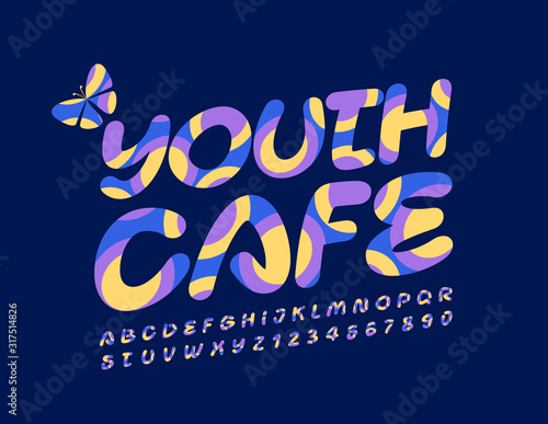 Vector bright emblem Youth Cafe. Vector colorful Font with Graphic Style. Artistic Alphabet Letters and Numbers. 