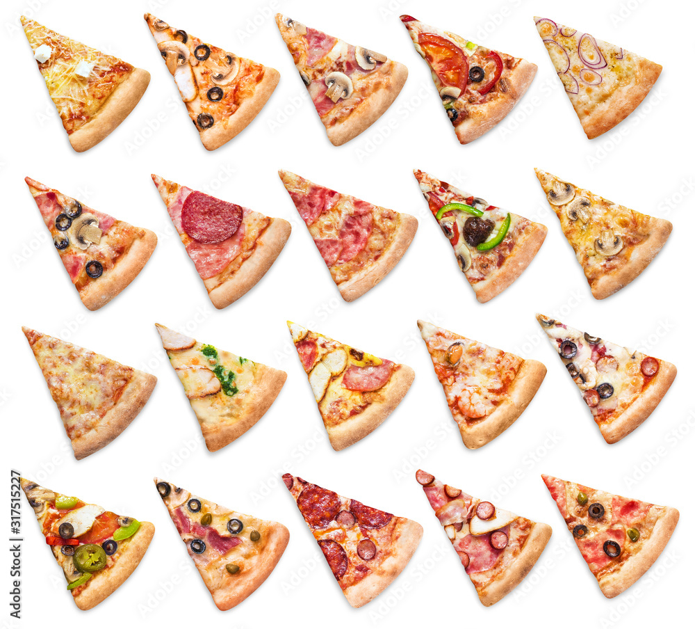 Large collection of various pizza slices, isolated on white background Large collection of various pizza slices, isolated on white background
