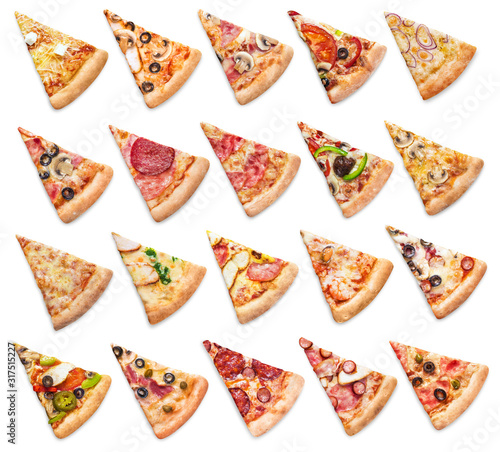Obraz na płótnie Large collection of various pizza slices, isolated on white background
