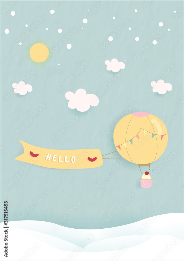 Fototapeta premium A cup cake is hold by yellow balloon.it is flow on sky and carry a poster.the background colour is blue pastel.the moon is on the wallpaper.the design make for valentine day.