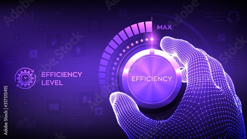 Efficiency levels knob button. Increasing Efficiency Level. Wireframe hand turning a efficiency test knob to the maximum position. Development and growth business concept. Vector illustration.