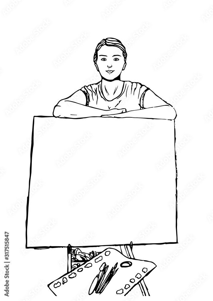 The artist at the canvas. Canvas, palette, brushes. Black and white silhouette, contour.