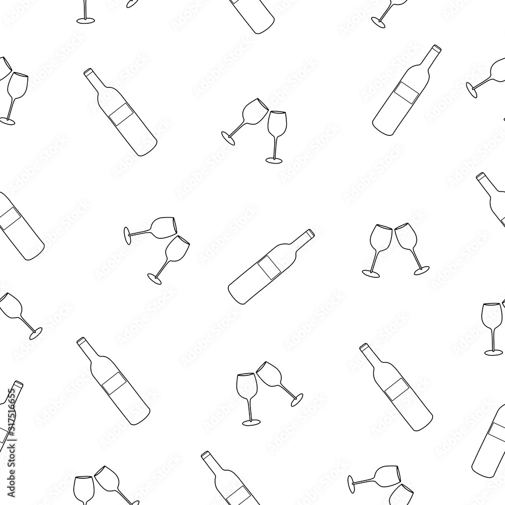 Vector seamless pattern of hand drawn bottle of wine and glasses Beautiful ink drawing, abstract design elements. Perfect outline elements for food restaurant on isolated background Doodle style Vector seamless pattern of hand drawn bottle of wine and glasses Beautiful ink drawing, abstract design elements. Perfect outline elements for food restaurant on isolated background Doodle style