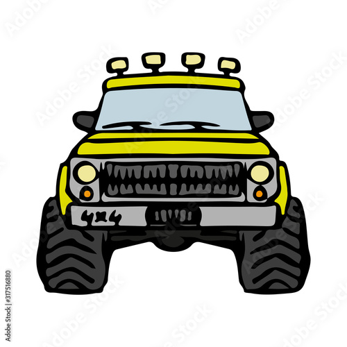 Bright yellow SUV on big wheels. Front view. Vector hand drawing. Isolated object on a white background. Isolate.