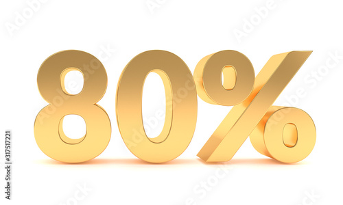 Gold 80 percent discount sale promotion. 80% discount isolated on white background. Eighty percent off discount