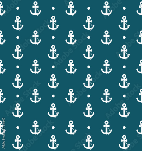 Blue anchor pattern with polka dots. Nautical background seamless design.