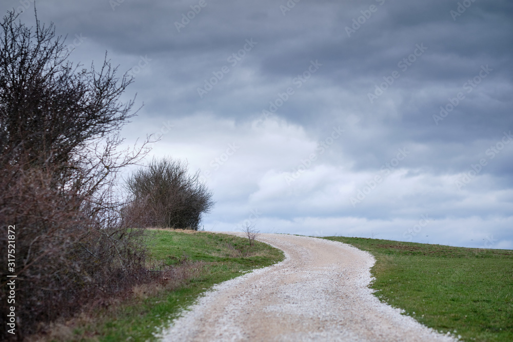 A white gravel road winding through a minimalistic landscape with meadows and a grey sky with clouds near Heroldsberg, Germany, March 2019