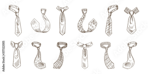 Vintage printed ties hand drawn silhouette illustrations set