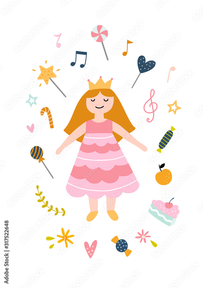 Princess vector card. Little girl in pink dress and different decorative elements. Happy Birthday kids concept Princess vector card. Little girl in pink dress and different decorative elements. Happy Birthday kids concept