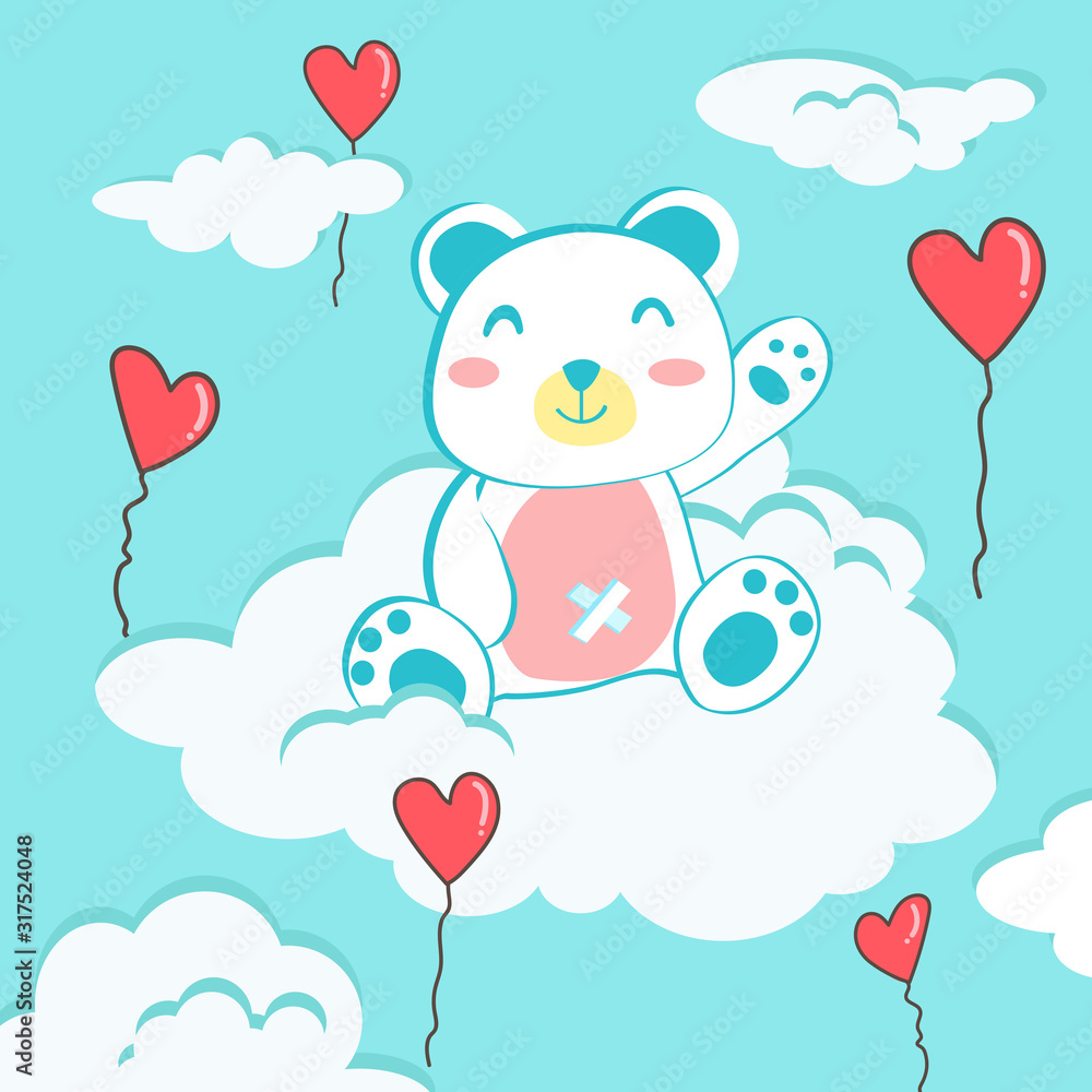 Happy Valentine's Day with teddy bear on cloud, Valentines Day background with heart shape balloon, Valentine card and poster