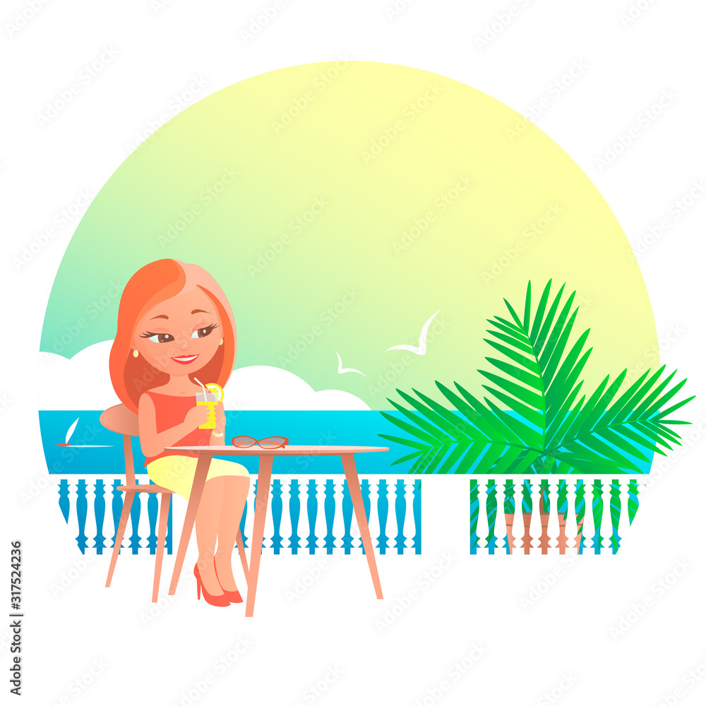A young pretty girl sits on a table in the summer by the sea beach with palm trees. Drinking a cocktail with lemon. Vector illustration.