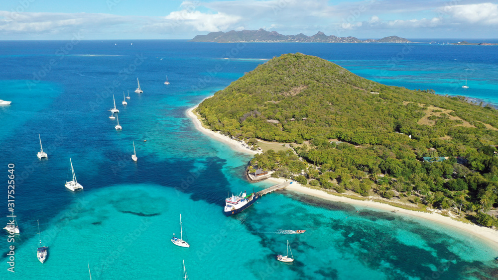 Caribbean islands & sea aerial view, St. Vincent & Grenadines - obrazy, fototapety, plakaty 