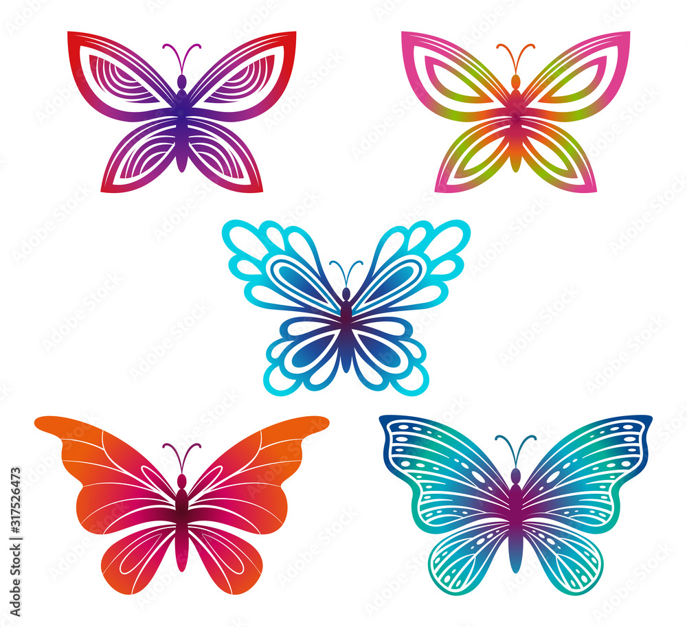 Set Symbolical Exotic Butterflies, Colorful Pictograms Isolated on White Background. Vector Set Symbolical Exotic Butterflies, Colorful Pictograms Isolated on White Background. Vector
